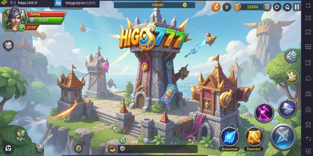 Screenshot gameplay HIGGS777 menampilkan aksi pertahanan menara yang intens.