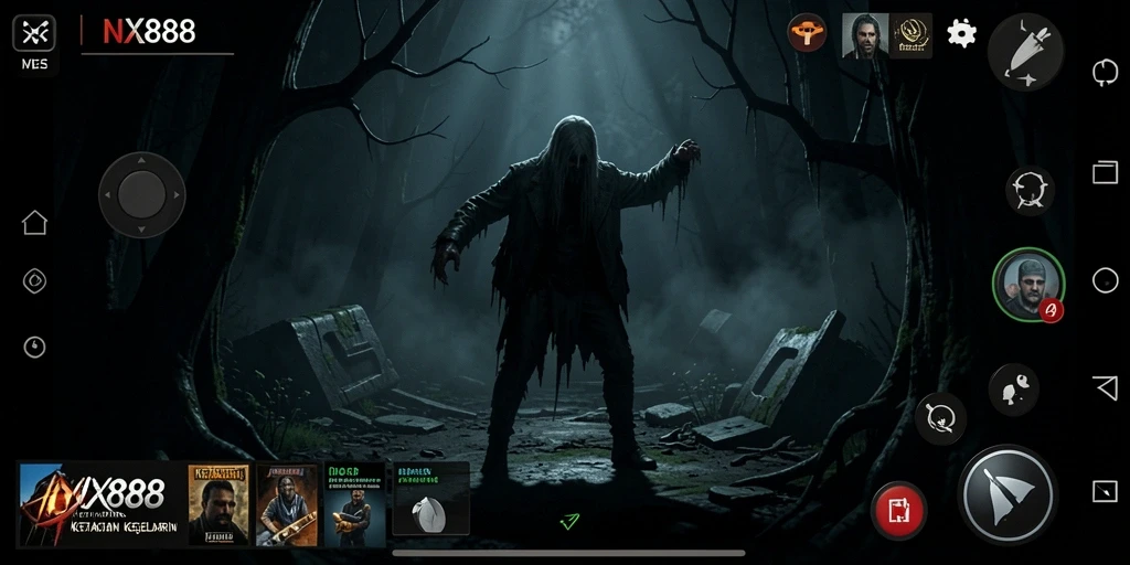 Screenshot NX888 menampilkan gameplay menegangkan di lingkungan horror.