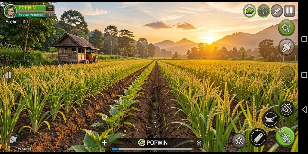 Screenshot gameplay POPWIN menampilkan pertanian yang penuh warna dan menyenangkan.